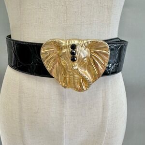 Crown Pacific Vintage Gold Tone Elephant Buckle Black Faux Croc Belt Size M/L